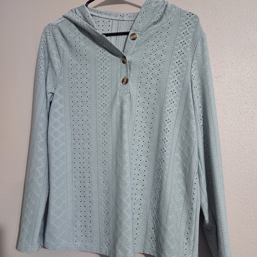 Light Blue Hooded Eyelet Knit Women's Top